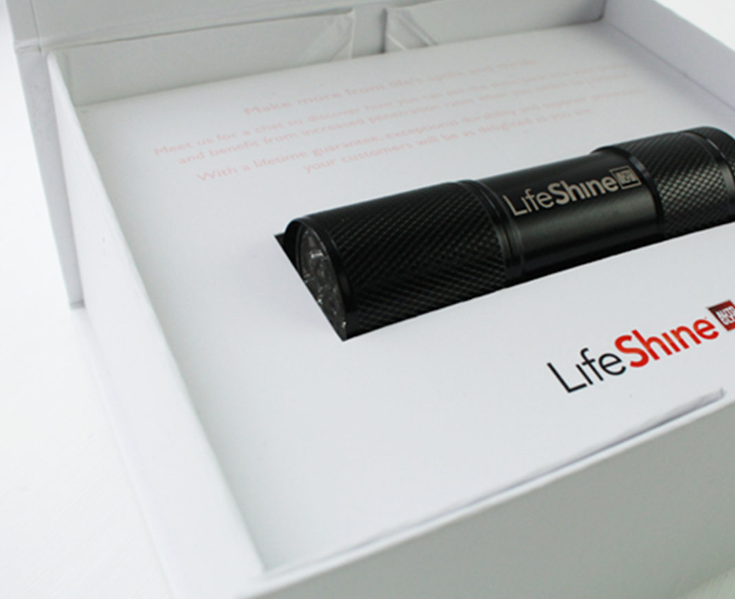 Lifeshine box direct mail piece with UV torch